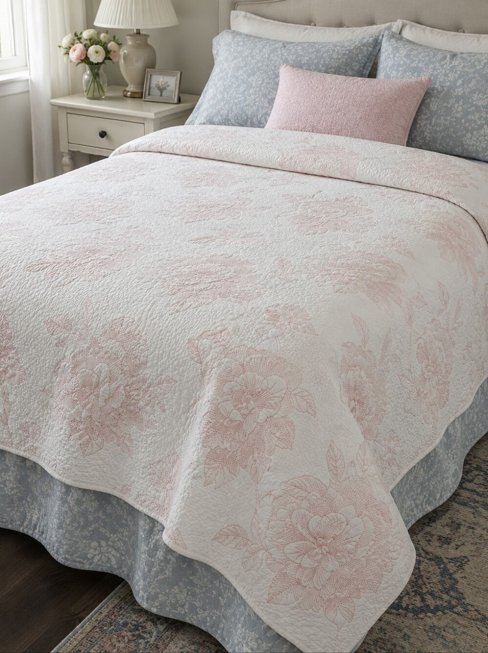 Wellesley Manor Elegant White/Pink Floral Quilted Blanket. Full/Double 86" X 80"